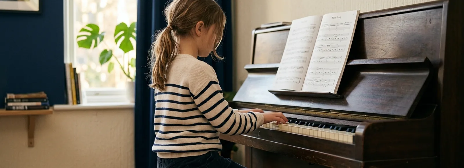 A young student practising at an upright piano in warm afternoon light