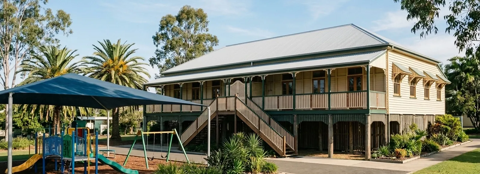 An elevated timber Queensland state school building with a verandah and a shade-sail playground