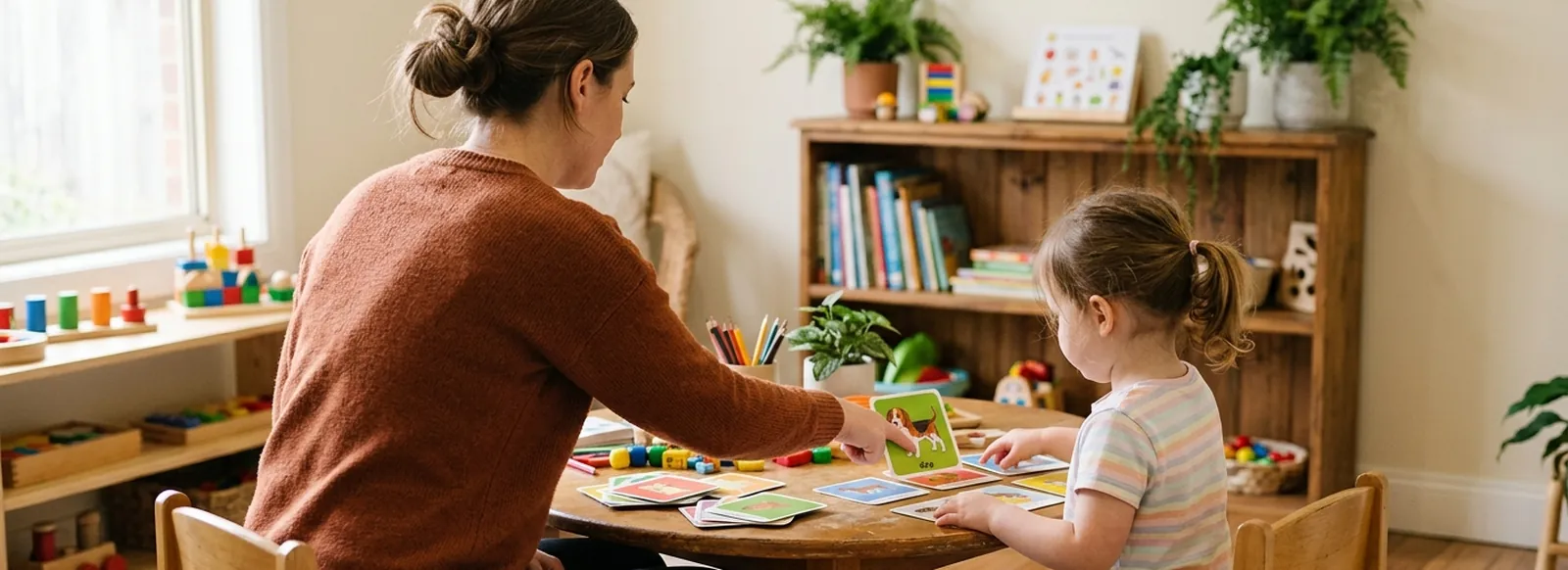 A therapist and young child working with picture cards at a low table in a warm therapy room