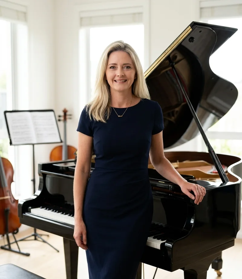 Lauren McKinnon, Founder and Director of The Academy of Music, standing beside a grand piano